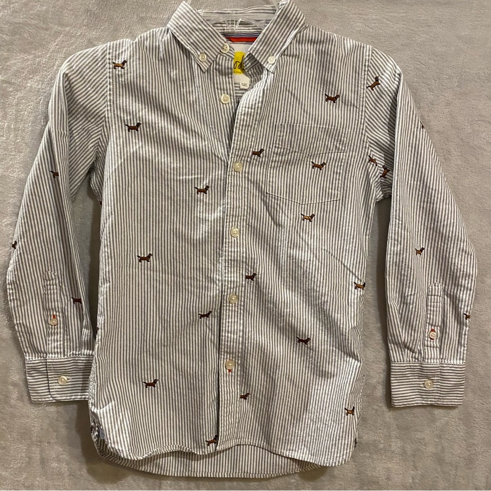 Boden Shirt Youth 9-10 Gray White Striped Button Down Stitched Dachshund Print
